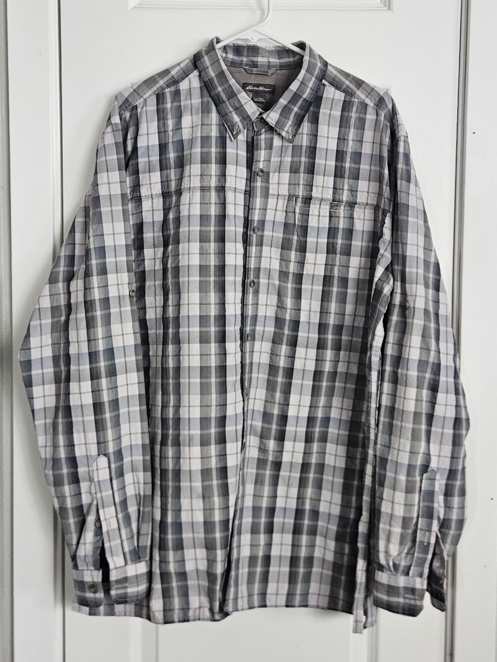 Eddie Bauer Gray and White Plaid Button-Down Shirt